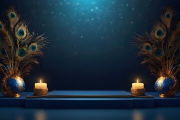 Hanukkah enchanting background image featuring butterflies and flowers in an empty copy space frame gloomy, deep blue background with podium and arch

