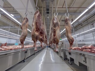 A meat processing plant with hanging meat on a conveyor belt