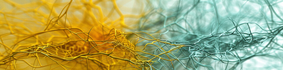 An abstract depiction of connectivity with plexus lines in mustard yellow and powder blue, forming a dynamic network.