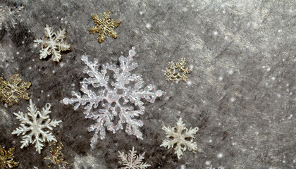 on a metallic rough background lie snowflakes winter time texture and snow