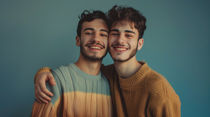 Carefree young gay couple standing together in a studio. Two affectionate male lovers smiling...