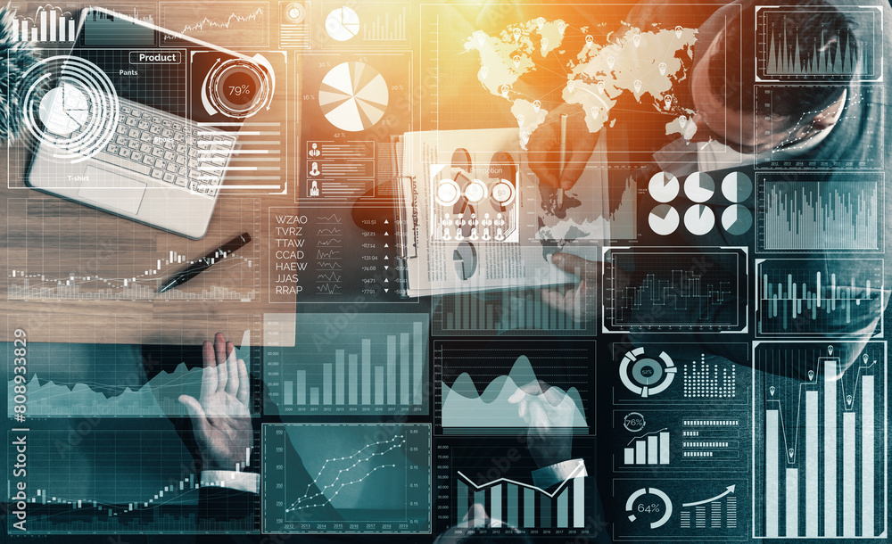Poster big data technology for business finance analytic concept. modern interface shows massive informatio