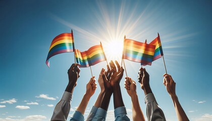 Hochgestreckte Arme mit Regenbogenfahnen, Regenbogenfarben, Pride, LGBT Community