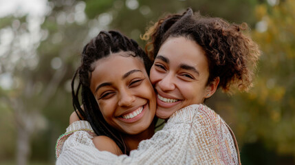 Cheerful couple embracing each other outdoors. Happy young queer couple smiling cheerfully while standing together during the day. Young LGBTQ+ couple spending quality time together. Stock Photo photo