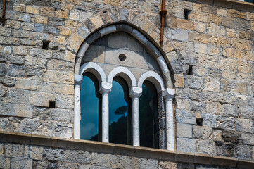 Naklejka premium Magic of Liguria. Timeless images. Ancient abbey of San Fruttuoso, bay and historic building guarded by the FAI. Italian Environmental Fund. 