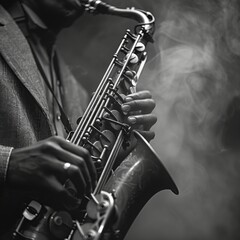 Skillful saxophonist hands close-up with a blurred background in monochrome