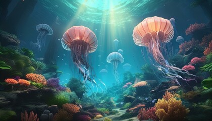 Shining jellyfish in water