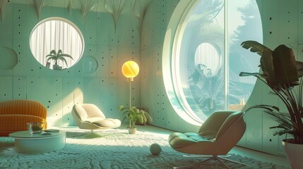 Retro futuristic living room interior with big round windows, plants and vintage furniture in mint green and orange pastel colors.