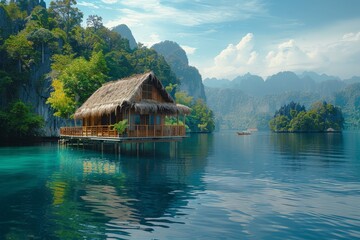 A tranquil waterfront cabin offers a perfect escape, nestled among lush mountains and overlooking crystal-clear waters, symbolizing peaceful isolation and natural beauty.