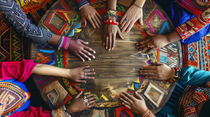 Fototapeta premium A round table with diverse hands placed on top, each from different ethnic backgrounds, symbolizing unity and inclusion