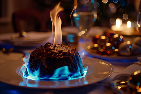 Flaming Pudding: A Festive Delight. A traditional flaming Christmas pudding served on a festive table, aglow with warm holiday spirit.