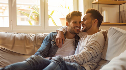 Close up young happy couple two gay men wear casual clothes together hug kiss shoulder sit on sofa couch at home flat rest spend free spare time in living room. Pride day june month love lgbtq concept