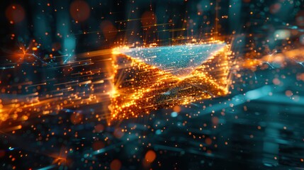Accelerate virtual envelope on fire, holographic interface, blur effect, central focus, cool tone wide angle lens.