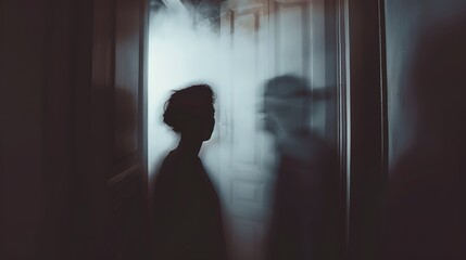Fototapeta premium Abstract art image of silhouettes in shadows, blurred figures in a dark room suggest mystery. Evocative and atmospheric composition for creative projects. AI