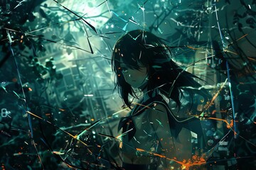 anime school girl surrounded by broken glass abstract digital art