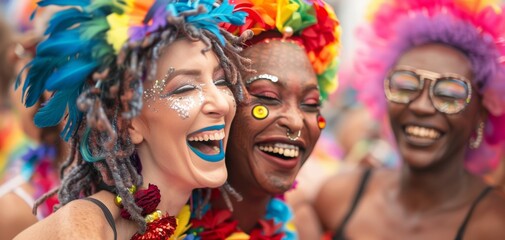Obraz premium Friends in Bright Costumes Laughing at Carnival.