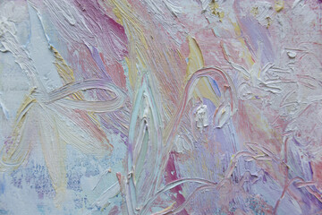 Abstract original painting. Pastel color hand painted flowers background. Brush strokes paint texture.