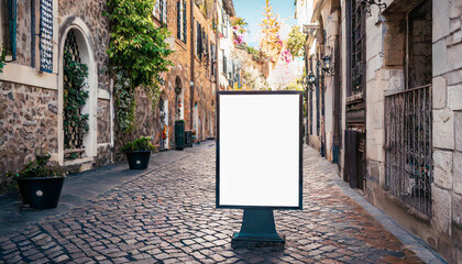 Outdoor mockup of a blank information poster on patterned paving-stone; an empty vertical street...