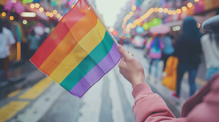 Closeup young adult queer transgender lover asia two people hold hand with colorful stripes flag. Proud of LGBT or LGBTQIA partner culture hug love sign in bisexual festival march day at city street. 