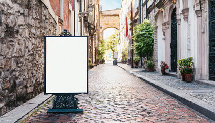 Outdoor mockup of a blank information poster on patterned paving-stone; an empty vertical street banner template in an alley; billboard placeholder mock-up on a city boulevard in an alleyway outdoors