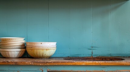 a stack of bowls sitting on a wooden shelf
