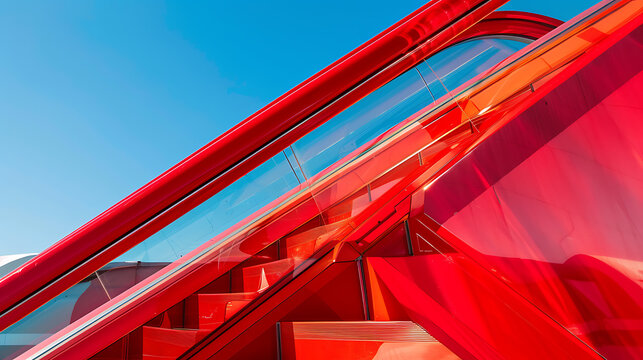 Closeup of red airplane stairs with blue sky