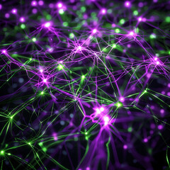 An intricate web of neon-lit digital connections, where electric purple and lime green lines form a pulsating data network.