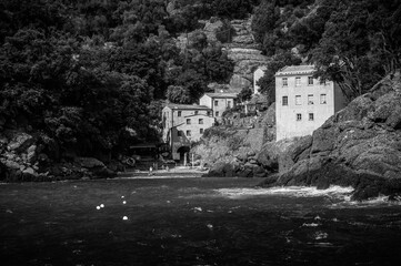 Magic of Liguria. Timeless images. Ancient abbey of San Fruttuoso, bay and historic building...