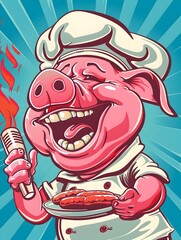 Cheerful Cartoon Pig Chef Holding Sizzling Sausage on Brightly Colored Package Design