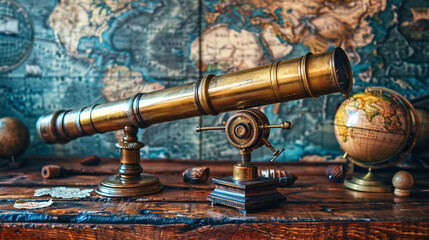 Vintage Brass Telescope on Wooden Table with Antique World Map and Globe Explorer Theme