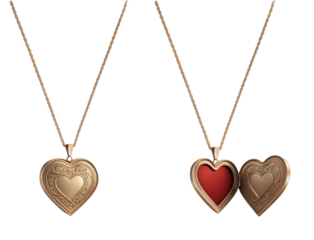 Medalhão e corrente - Em forma de coração - medalhão aberto e fechado isolado em fundo transparente 