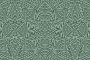 Embossed pastel green background, tribal vintage cover design. Geometric ethnic 3D pattern. Handmade, doodling, ornaments. Cultural boho motifs of the East, Asia, India, Mexico, Aztec, Peru.
