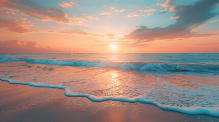 Obraz premium Sunrise over Ocean Waves with Pink and Orange Sky Reflecting on Sandy Beach