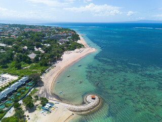 Aerial view of Mertasari beach, Sanur, Bali, Indonesia.