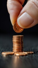 a person putting a coin into a stack of coins - obrazy, fototapety, plakaty