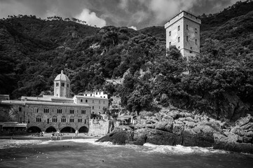 Magic of Liguria. Timeless images. Ancient abbey of San Fruttuoso, bay and historic building...