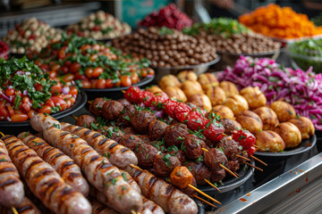 Colorful Middle Eastern food bazaar with an exquisite selection of kebabs and falafels.. AI...