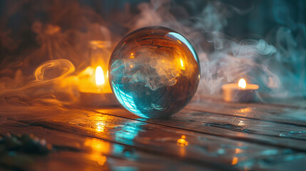 Mystical Glass Orb with Blue and Orange Light Reflections on Wooden Table Amidst Candlelight and Smoke