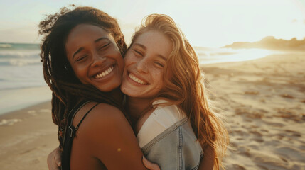 Couple on beach, lesbian and happy with travel, gay women hug outdoor with adventure and freedom to love by ocean. Interracial relationship, holiday in Australia and lgbtq with commitment happiness St