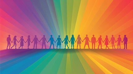 Silhouette People Holding Hands on Multicolor Radial Background Unity Concept