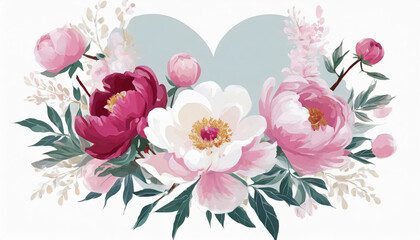 Beautiful pink peony bouquet art background. Blooming pastel peony or roses border flowers card design. Wedding backdrop, Valentine's Day concept
