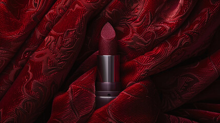 Luxury Red Lipstick on Detailed Embossed Fabric Beauty and Elegance Concept