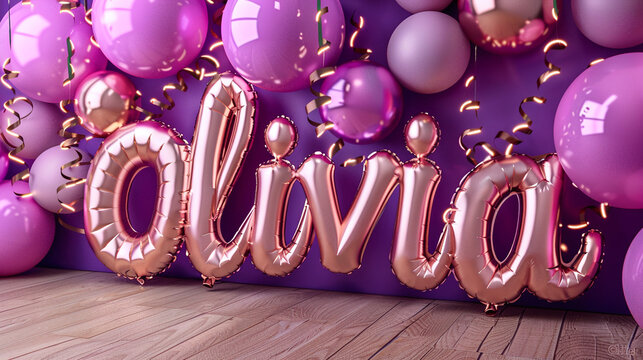 Purple and Pink Balloons with Olivia in Gold Foil Letters for Birthday Party Celebration on Wooden Floor and Violet Wall Background