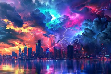 colorful 3d lightning bolts striking amidst stormy clouds over city skyline digital art