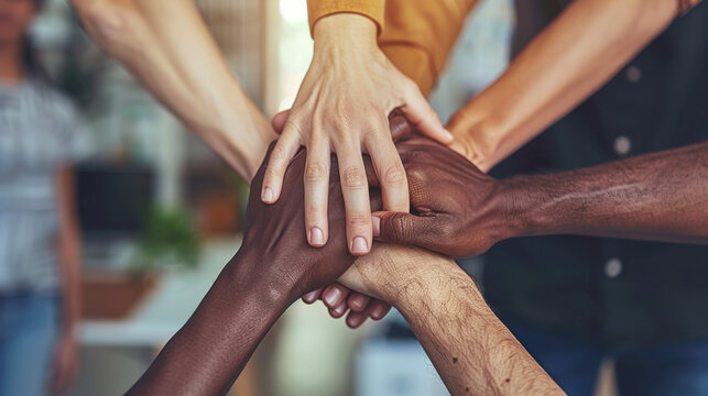 Close-up of a diverse group of hands placed together in the center, symbolizing unity and support