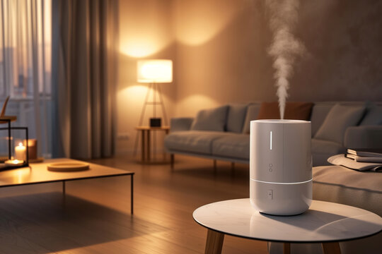 A sleek air humidifier in a cozy contemporary living space with soft warm lighting. Shallow depth of field