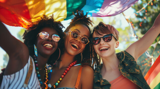 Diverse young friends celebrating gay pride festival - LGBTQ community concept Stock Photo photography