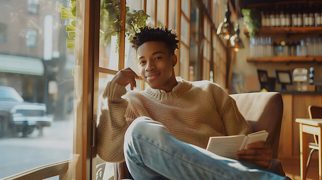 Young African American man with dreadlocks reading book and drinking coffee in cozy cafe by window, copy space