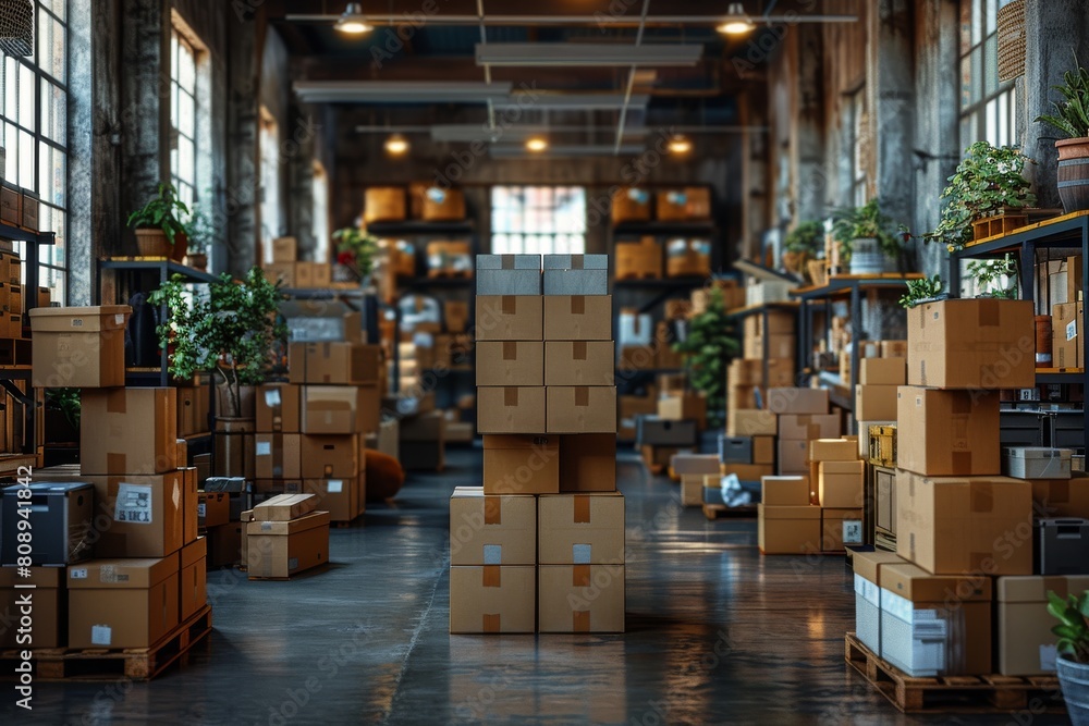 Aufkleber a neatly organized warehouse filled with cardboard boxes stacked in various configurations, reflecti