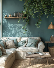 Cozy interior of living room with blue walls. 
